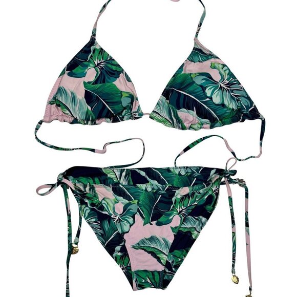 Tropical Print Swim Suit Sz. M Top & Bikini Bottom Pink Green Reversible Beach - Picture 1 of 10